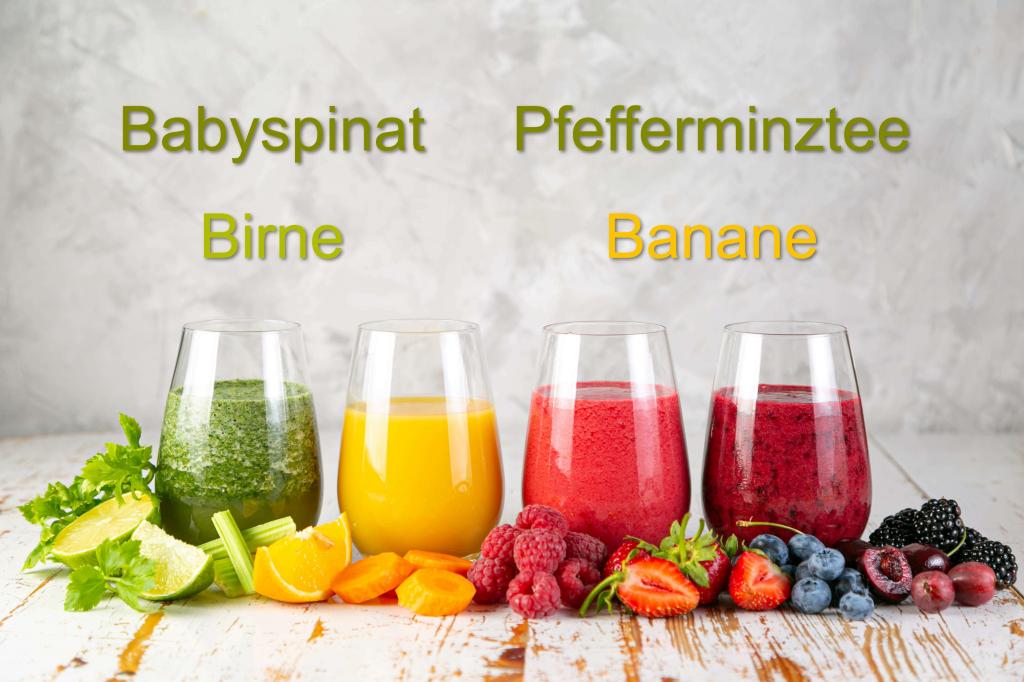 Smoothie Bild - Babyspinat, Birne, Banane, Pfefferminztee